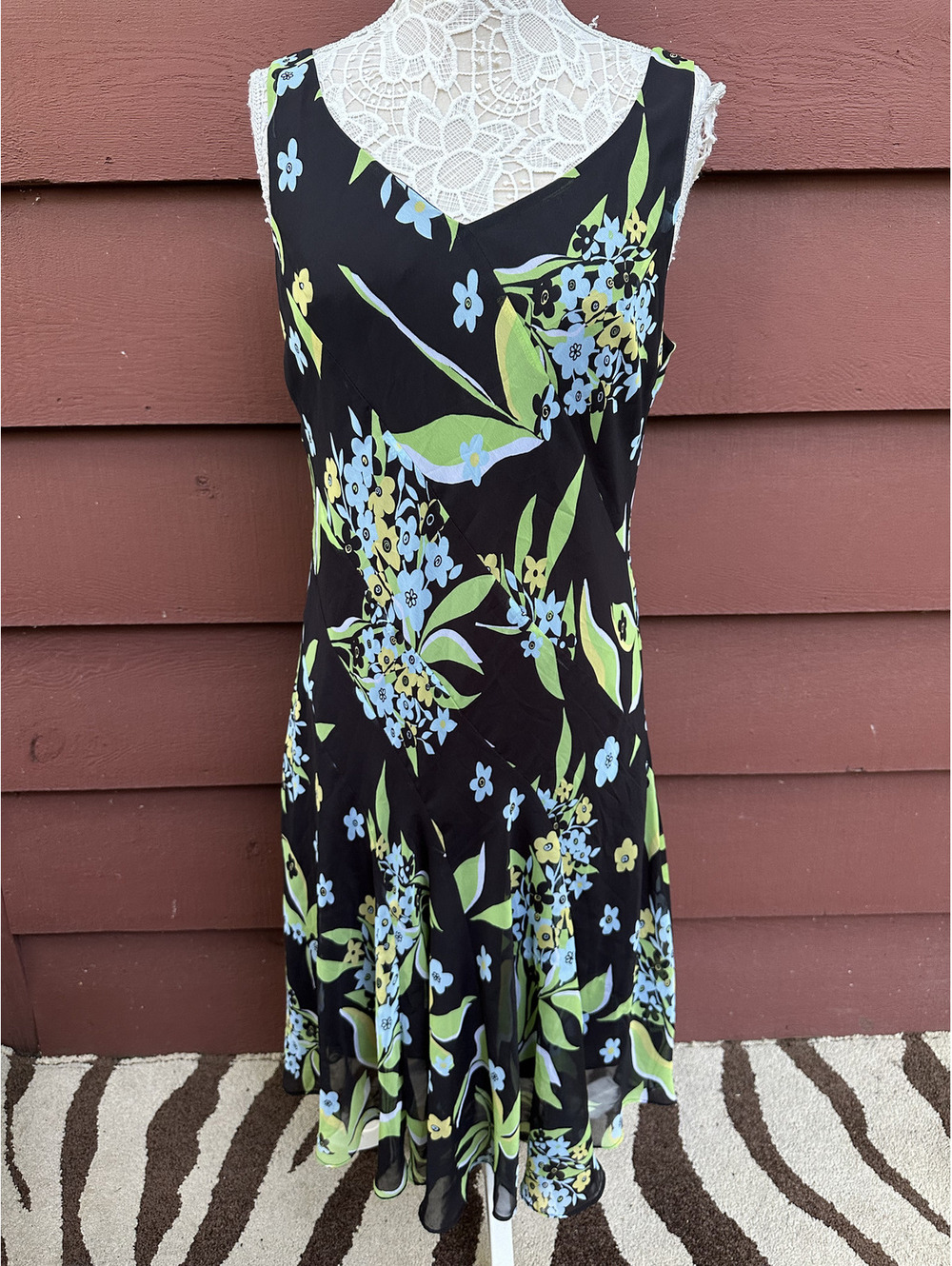 Studio 1940 Y2K Fairycore Black Floral Fit and Flare Dress Green Blue